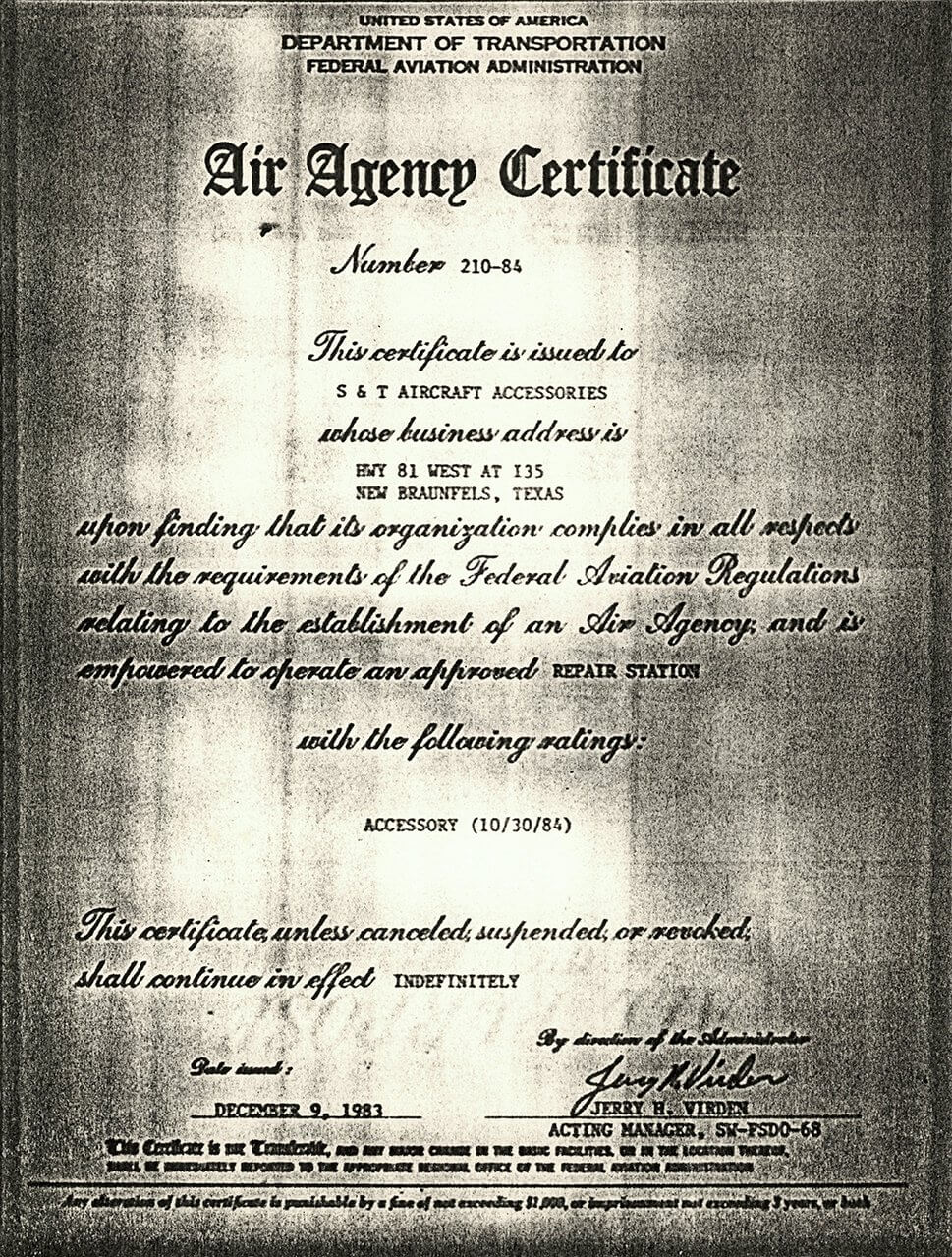 S & T Aircraft's First Air Agency Certificate